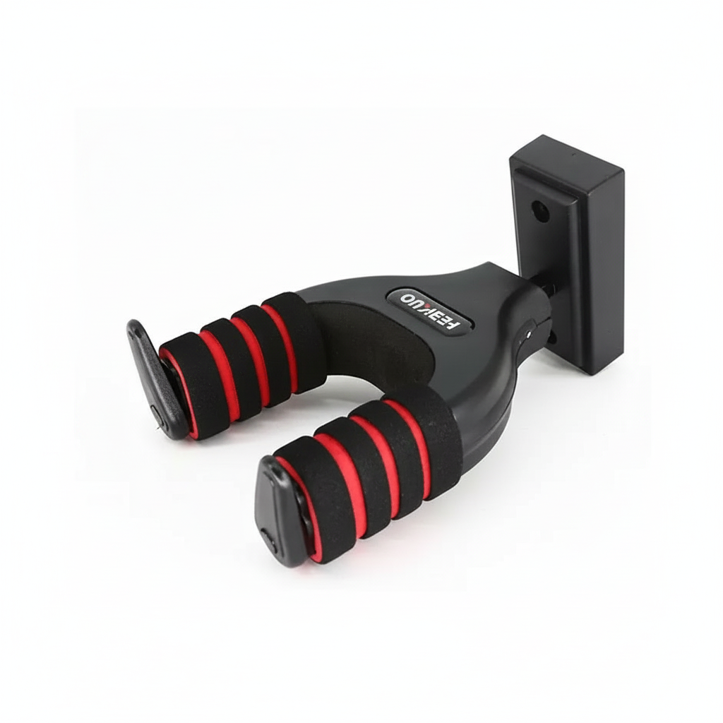 J-19D guitar hanger shown in a three-quarter view with its black padded arms, red accents, and mounting structure