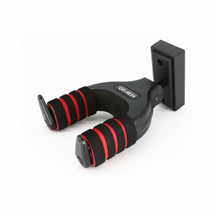 J-19D guitar hanger shown in a three-quarter view with its black padded arms, red accents, and mounting structure