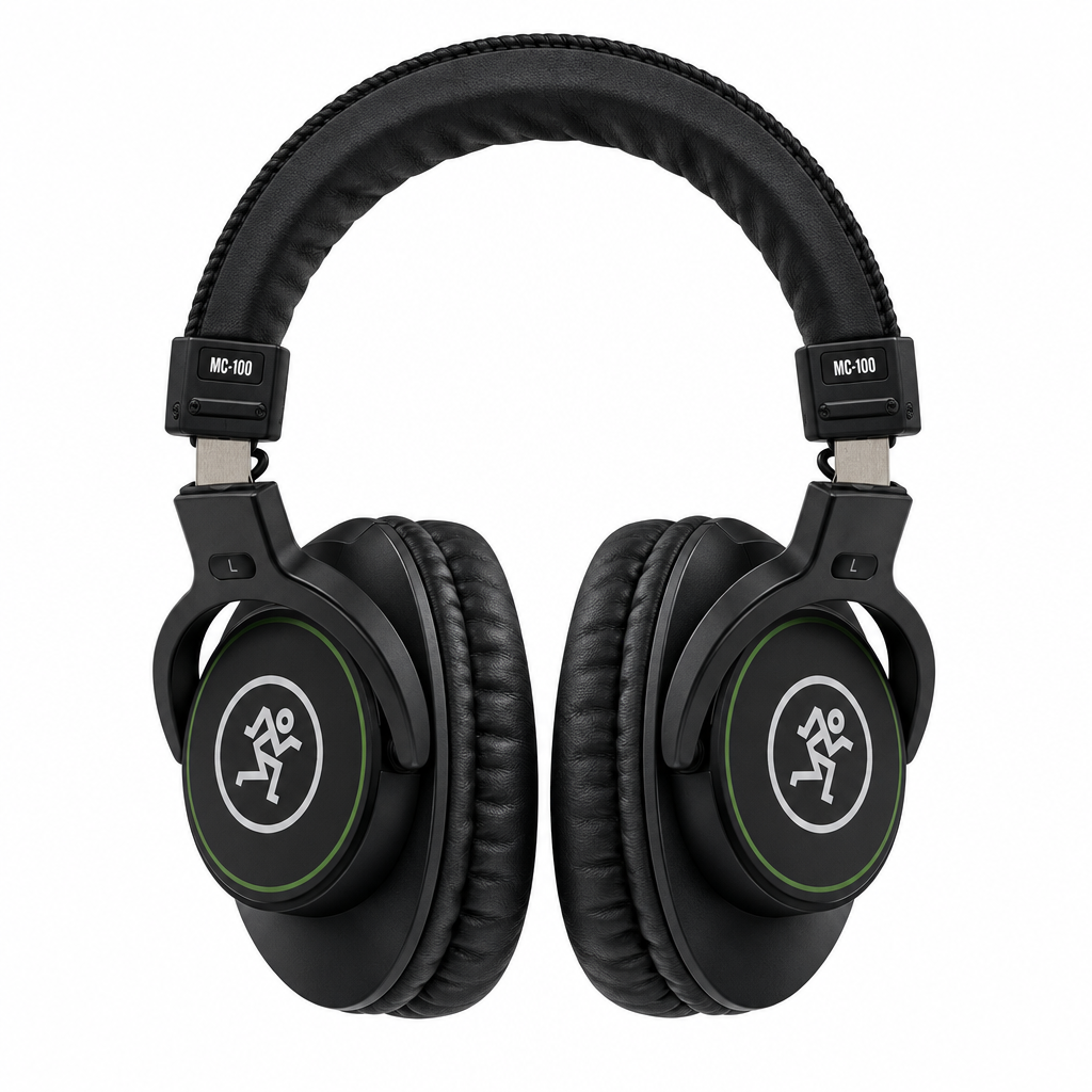 Front view of the black Mackie MC-100 closed-back over-ear headphones.