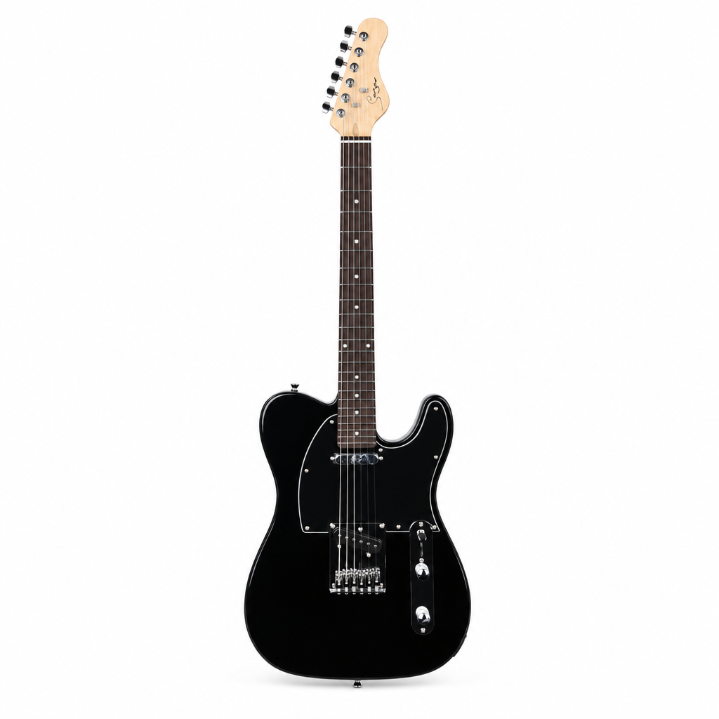 Straight front view of the Smiger S-G17-BK black electric guitar preserving its original body shape, pickups, bridge, strings, pickguard, controls, neck, and headstock