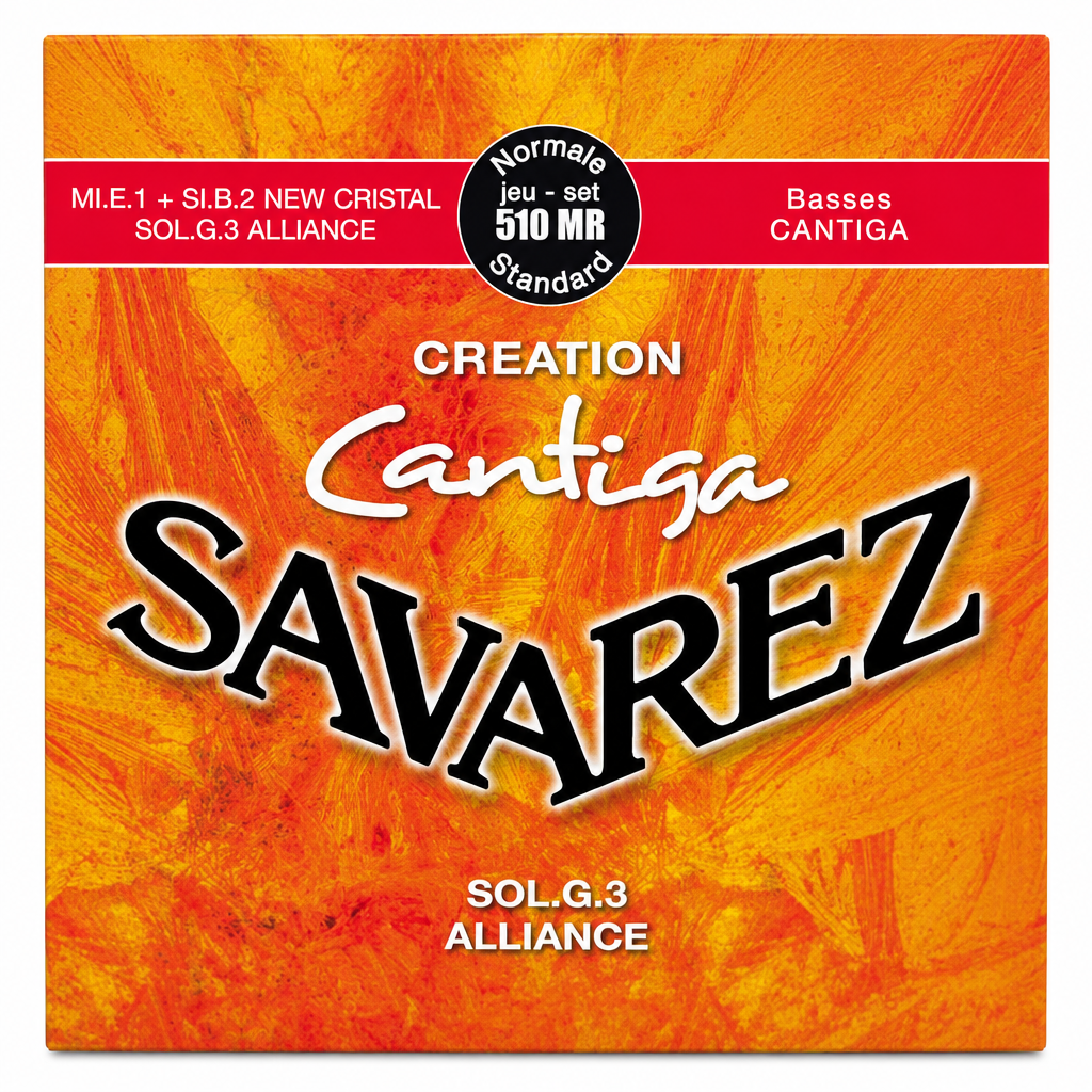 Close-up of the Savarez Creation Cantiga 510 MR bass guitar strings package front label