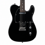 Straight close-up of the Smiger S-G17-BK black electric guitar preserving its original pickups, bridge, strings, pickguard, control plate, finish, and visible hardware