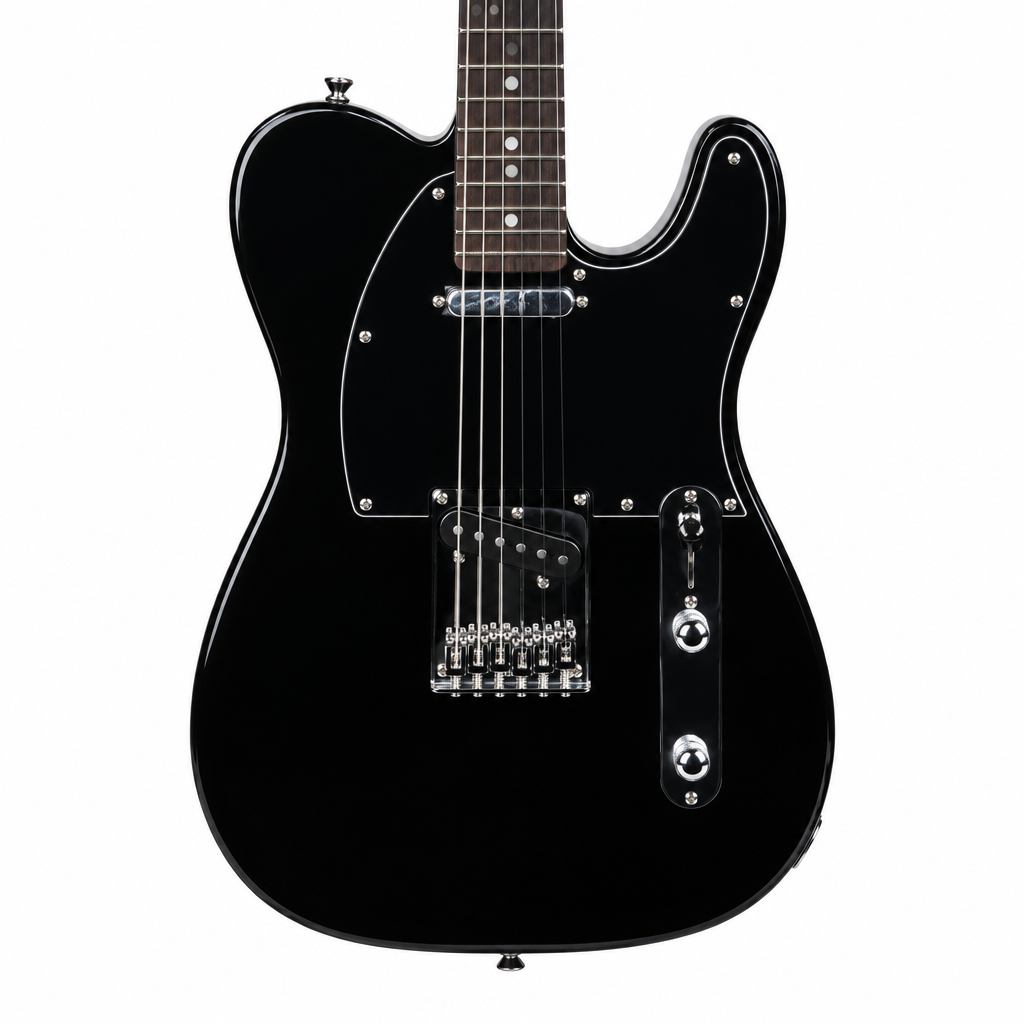 Straight close-up of the Smiger S-G17-BK black electric guitar preserving its original pickups, bridge, strings, pickguard, control plate, finish, and visible hardware