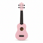 Unbranded pink 21-inch soprano ukulele shown upright from the front on a white background