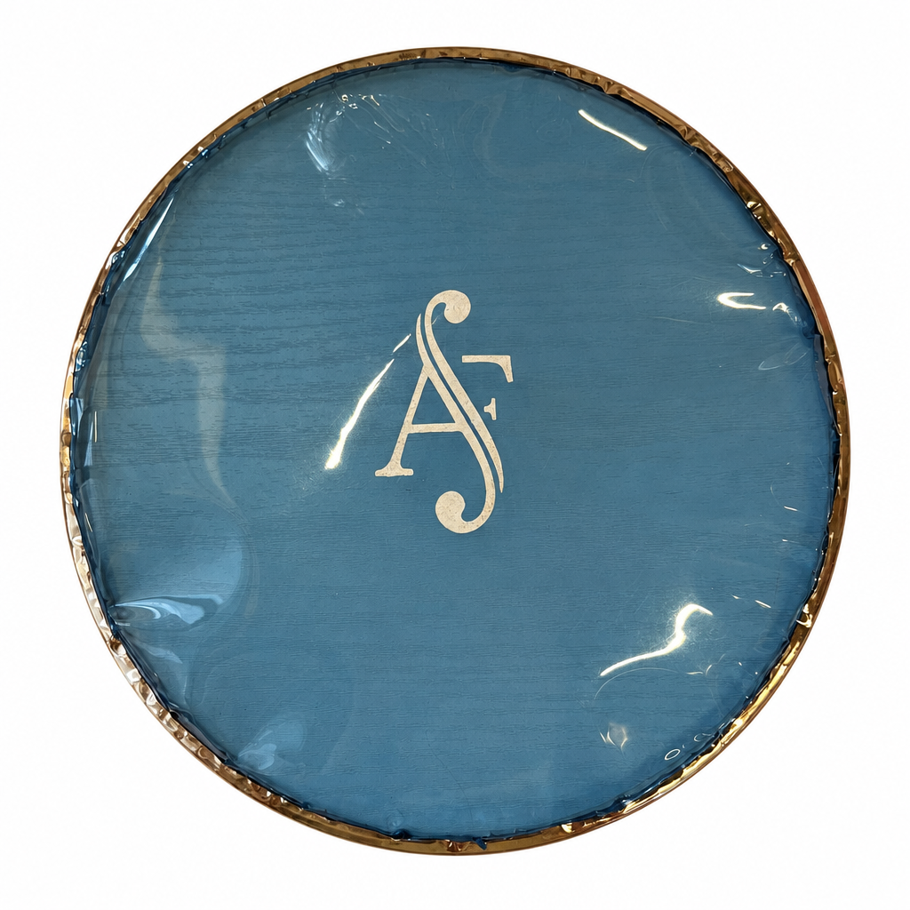 22 cm blue darbuka replacement drumhead, straight top view showing the blue playing surface and gold-colored rim