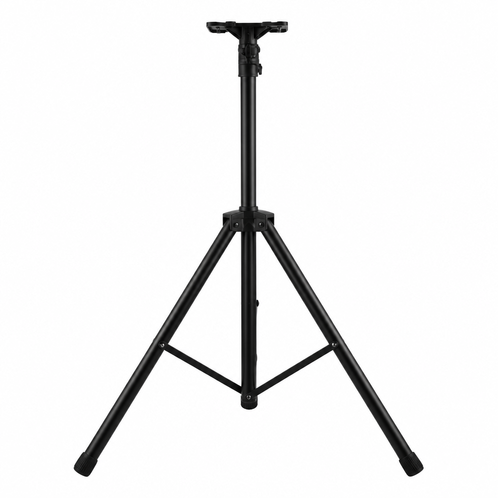 Unbranded Y-502 speaker stand shown from the front with its tripod base, center pole, top mounting plate, and support braces