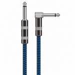 Straight close-up of the Luxars LCB-3B blue patterned instrument cable showing its straight plug, right-angle plug, housings, strain reliefs, and cable jacket