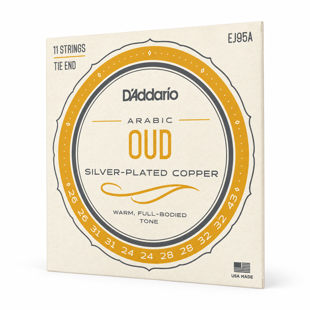 Three-quarter angled view of the D'Addario EJ95A Arabic oud string package
