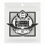 Close-up of the Smiger SC nylon classical guitar strings package showing the original .028-.043 gauge and package specifications