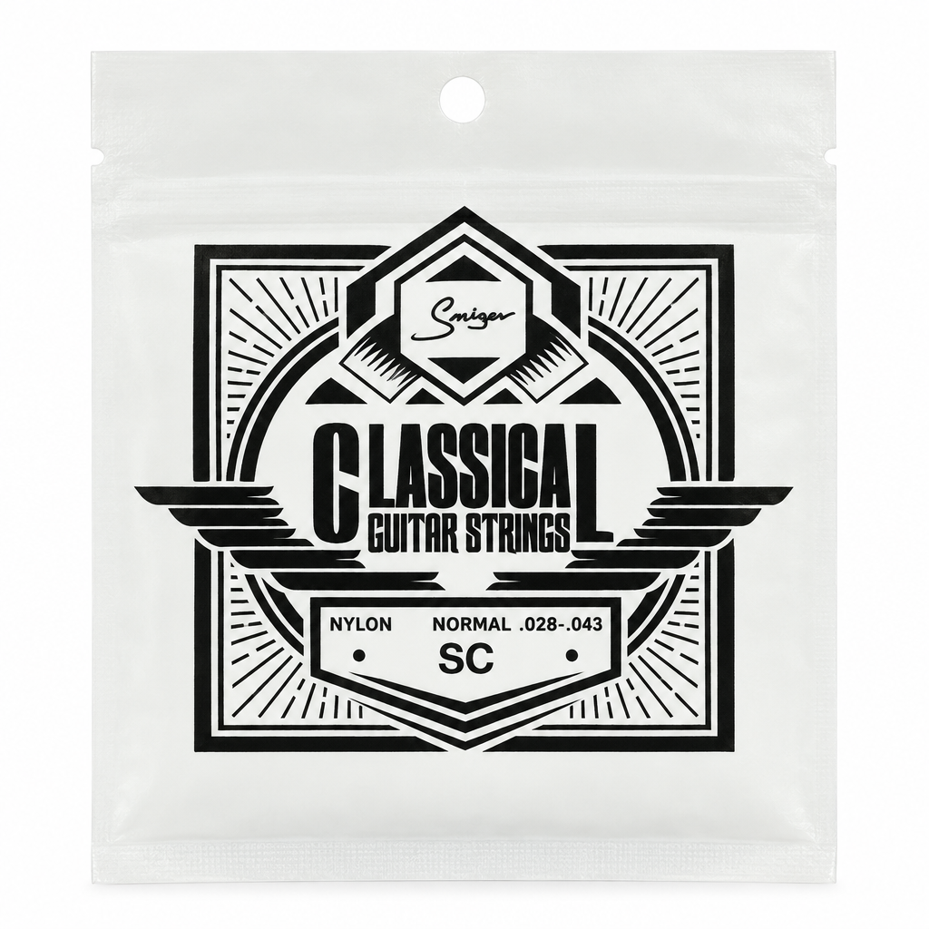 Close-up of the Smiger SC nylon classical guitar strings package showing the original .028-.043 gauge and package specifications