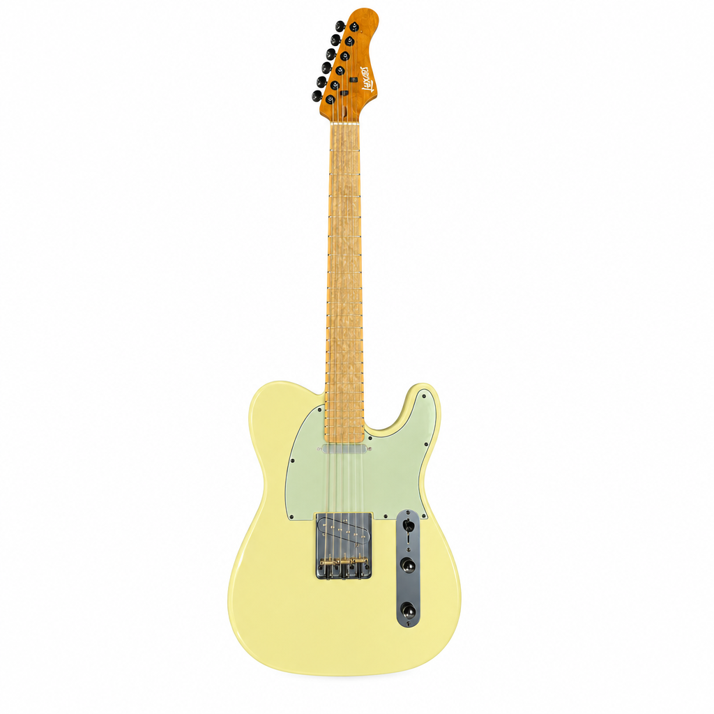Straight front view of the Luxar S-G17-PRO pale yellow electric guitar preserving its original body shape, pickups, bridge, strings, controls, neck, and headstock