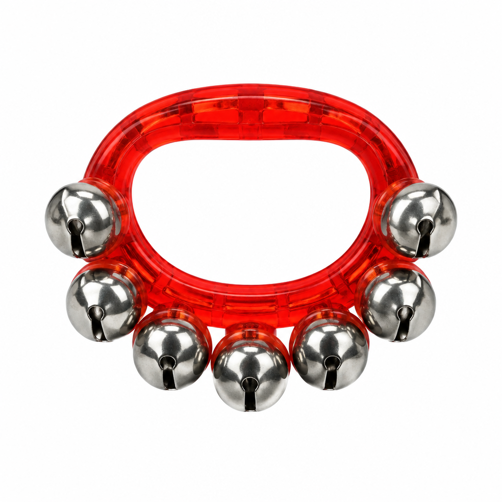 Red translucent handheld sleigh bell with metal bells, front view