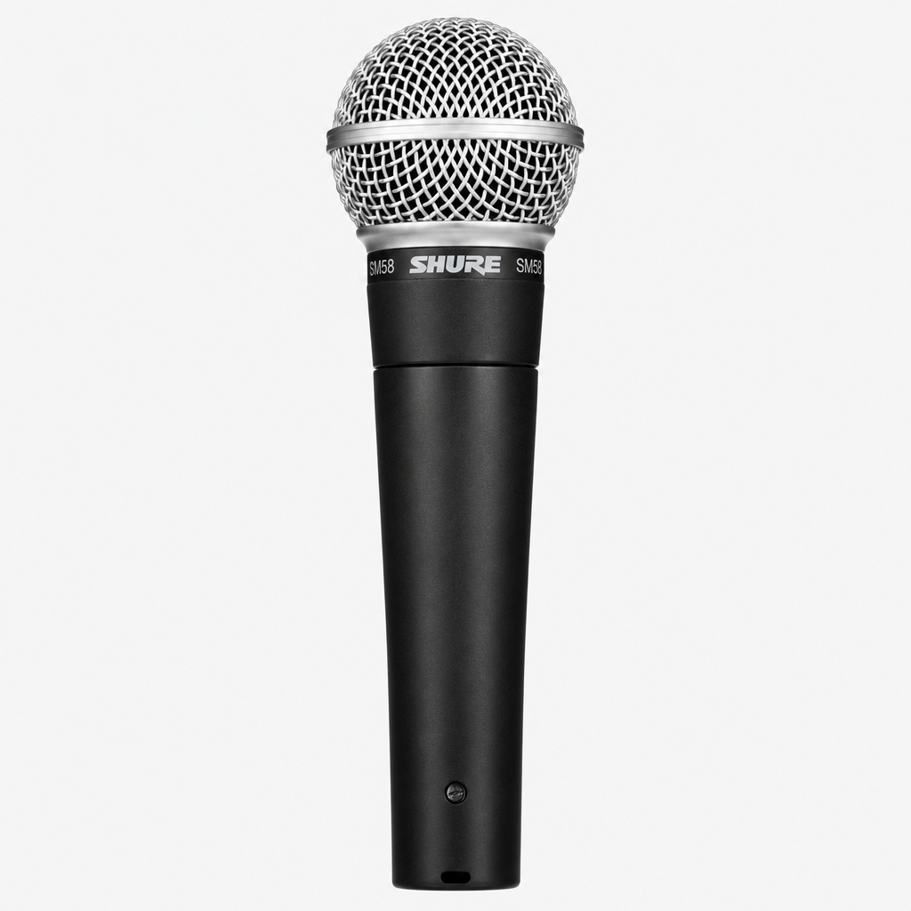 Front view of the Shure SM58-LCE cardioid dynamic vocal microphone with silver grille and black body.