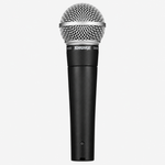 Front view of the Shure SM58-LCE cardioid dynamic vocal microphone with silver grille and black body.