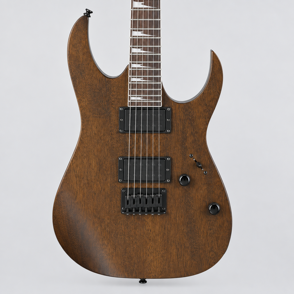 Straight-on close-up of the Ibanez GRG121DX pickups, strings, F106 bridge, and controls in Walnut Flat finish.