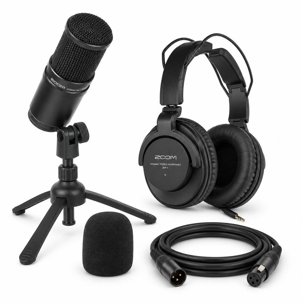 Angled view of the Zoom ZDM-1 microphone pack with tabletop tripod and headphones
