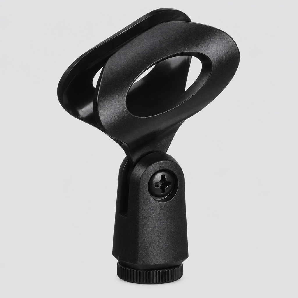 Unbranded A2 microphone holder shown from the front with its black holder body, opening, adjustment joint, and mounting base