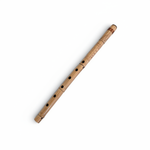 Small natural-toned nai flute shown diagonally with its complete body, original finger holes, and traditional detailing on a white background