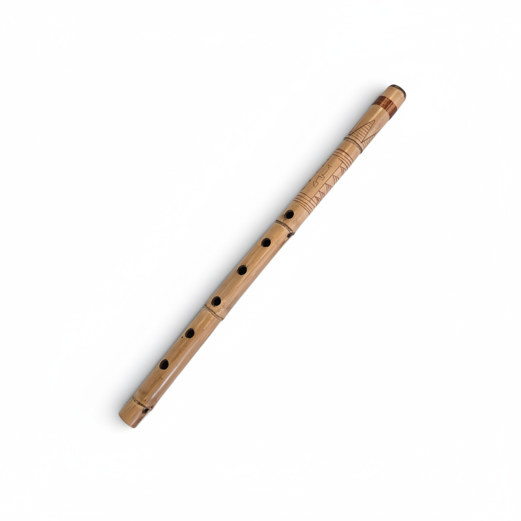 Small natural-toned nai flute shown diagonally with its complete body, original finger holes, and traditional detailing on a white background