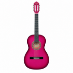 Valencia VC103PKS 3/4 Pink Sunburst classical guitar, straight front view showing the nylon strings and pink finish