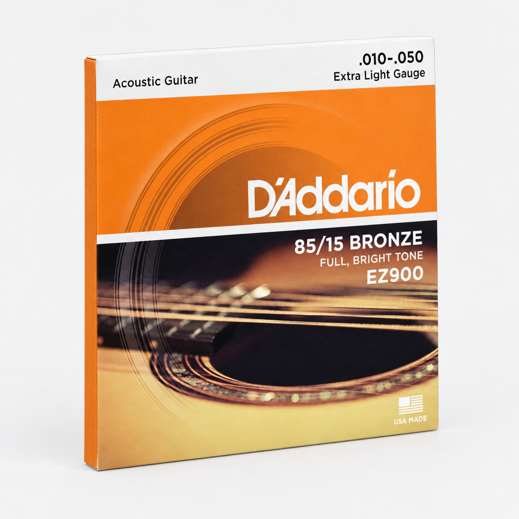 Three-quarter 45-degree view of the D'Addario EZ900 package showing its front artwork and side edge.