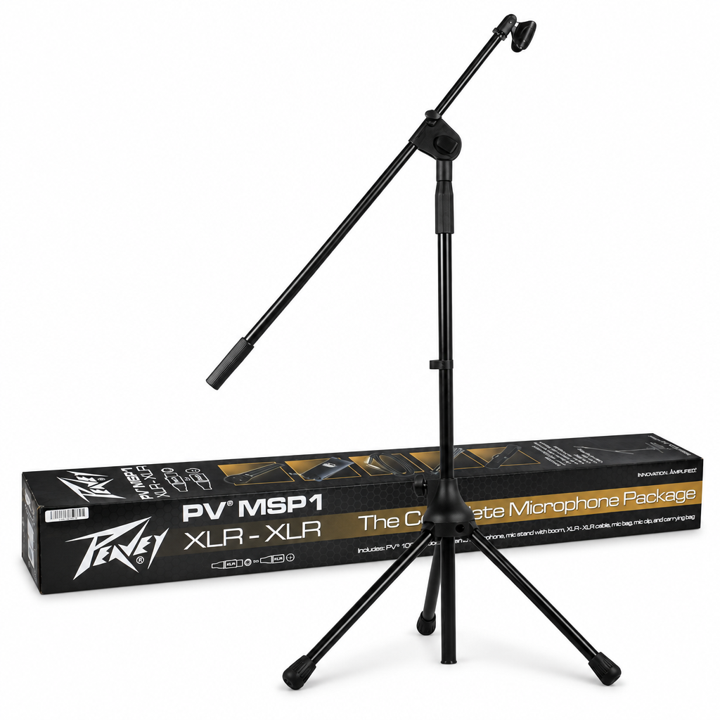 Peavey PV-MSP1 microphone package with PV i100 microphone, tripod boom stand, and package box, full view
