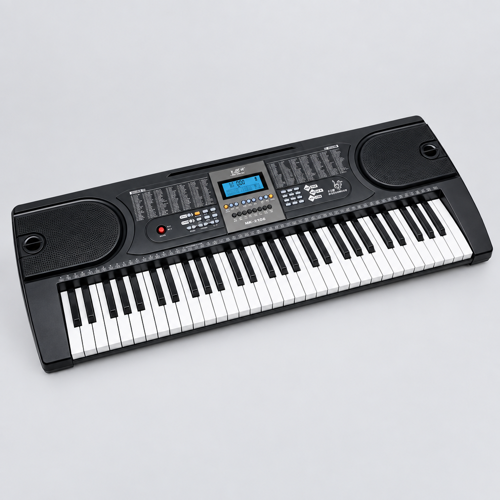 Unbranded MK2106 electronic keyboard shown from a three-quarter diagonal angle with its natural black and white keys and control panel