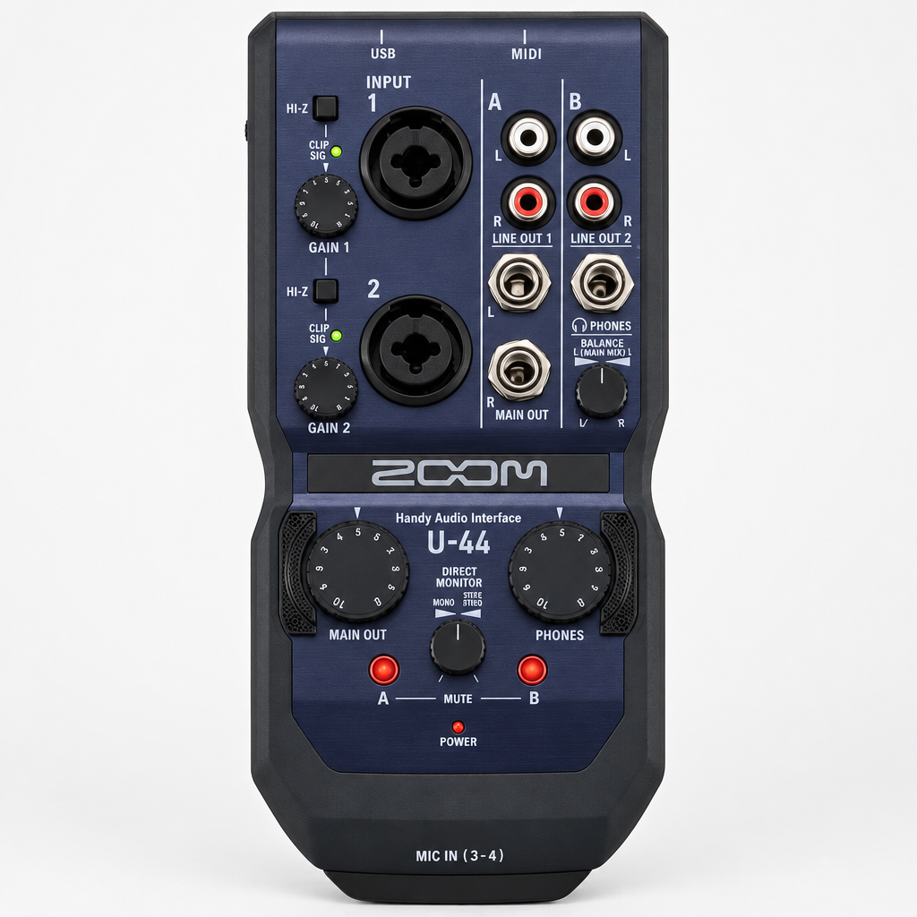 Front view of the Zoom U44 Handy Audio Interface showing its controls and connection panel.