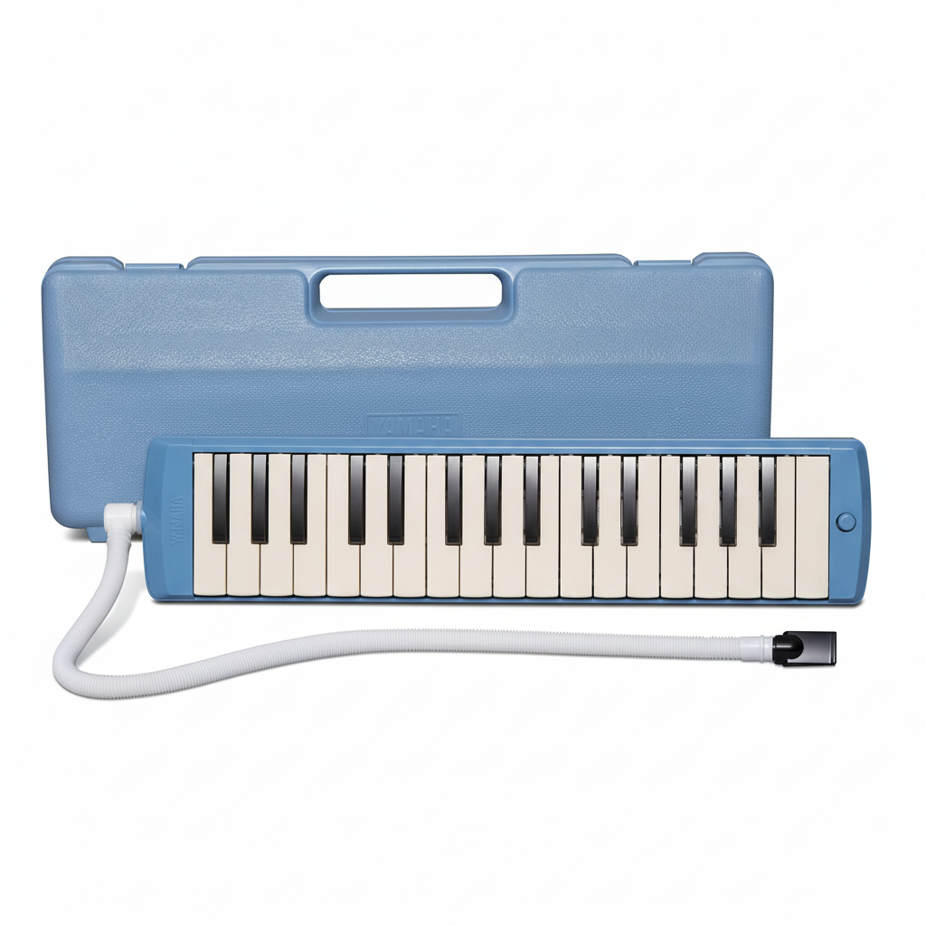 Yamaha P-32 blue melodica shown from the front with 32 black and white keys, matching blue carrying case, and white mouthpiece tube on a white background