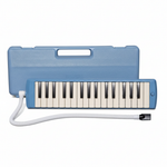 Yamaha P-32 blue melodica shown from the front with 32 black and white keys, matching blue carrying case, and white mouthpiece tube on a white background