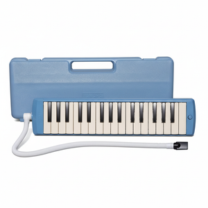 Yamaha P-32 blue melodica shown from the front with 32 black and white keys, matching blue carrying case, and white mouthpiece tube on a white background