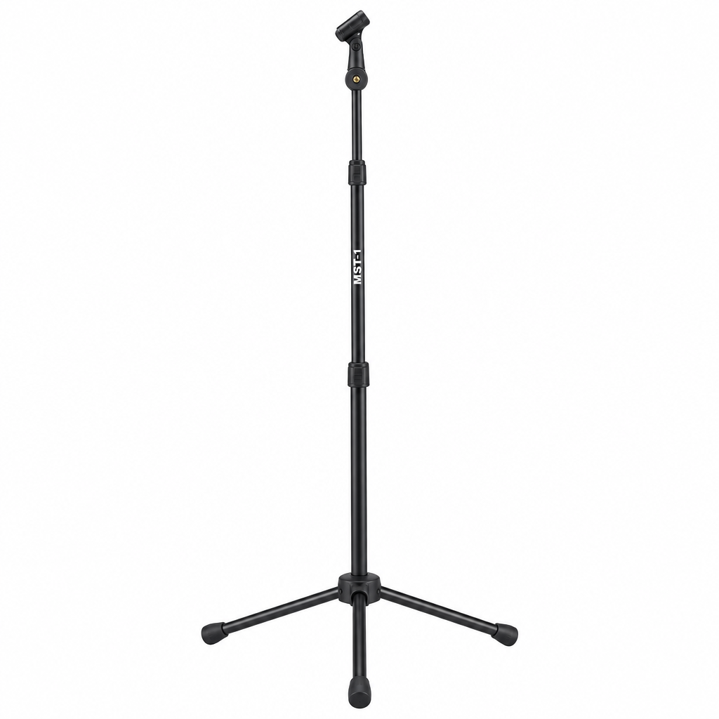 MST-1 black microphone stand, straight front view showing the tripod base and microphone holder