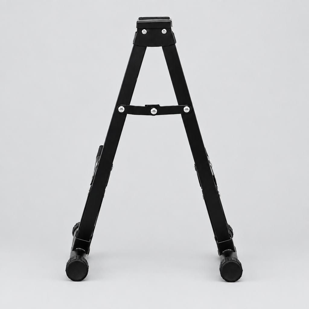 Unbranded J-40E A-frame guitar stand shown from the front with its black foldable frame and rubber feet