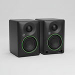Pair of two Mackie CR3.5 3.5-inch black powered studio monitors shown in a close view with woofers, tweeters, Tone Control, and branding