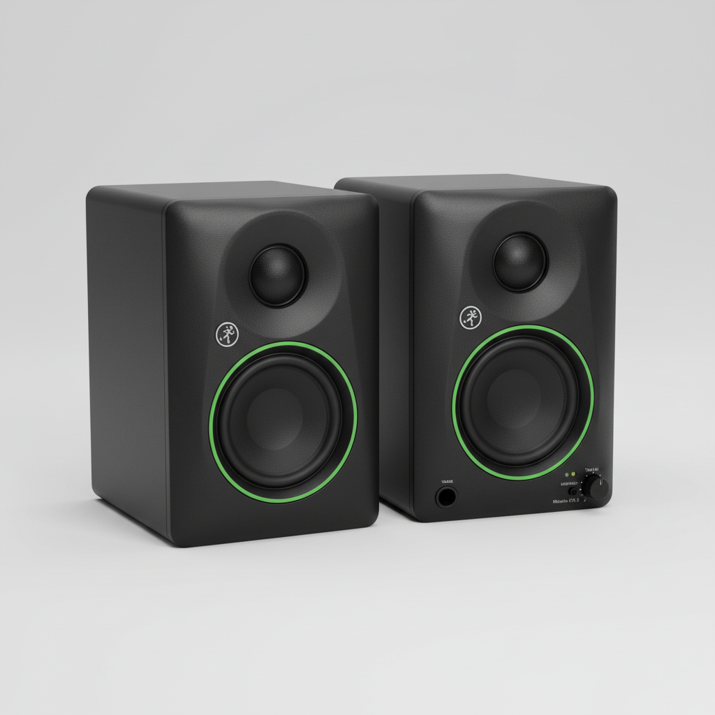 Pair of two Mackie CR3.5 3.5-inch black powered studio monitors shown in a close view with woofers, tweeters, Tone Control, and branding