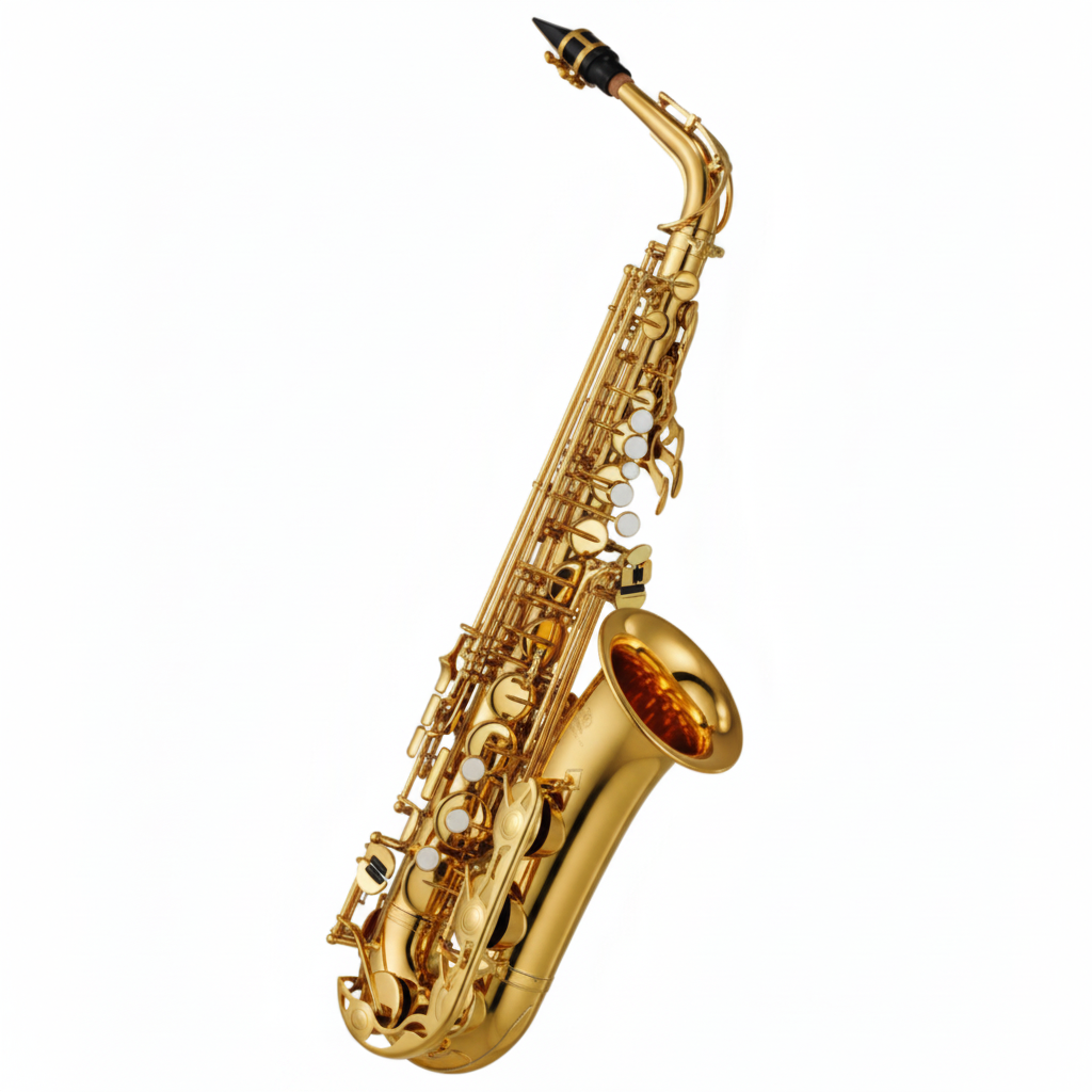 One Yamaha YAS-280 gold alto saxophone shown diagonally with full body, bell, neck, keys, rods, and guards