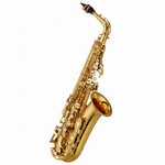 One Yamaha YAS-280 gold alto saxophone shown diagonally with full body, bell, neck, keys, rods, and guards
