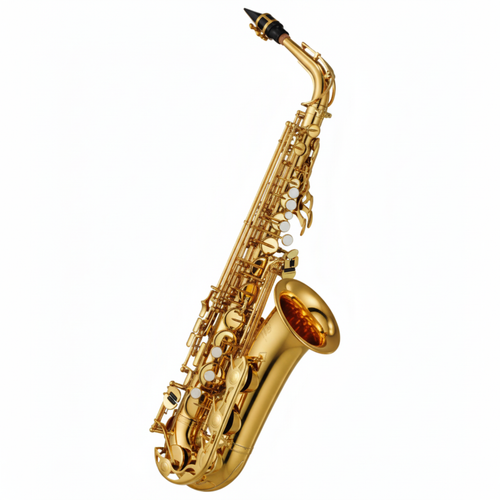 One Yamaha YAS-280 gold alto saxophone shown diagonally with full body, bell, neck, keys, rods, and guards