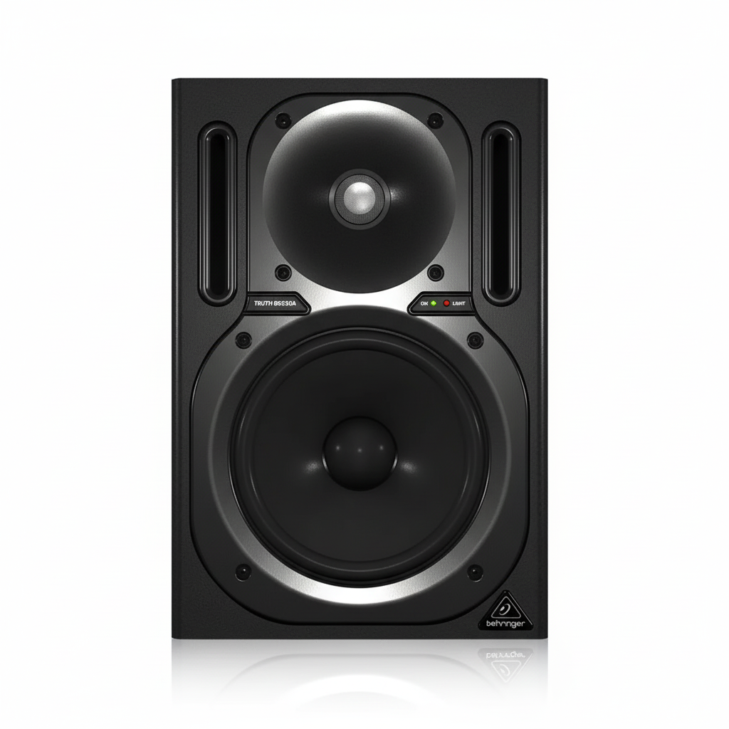 One Behringer Truth B2030A black powered studio monitor shown from the front with woofer, tweeter, front ports, and Behringer branding