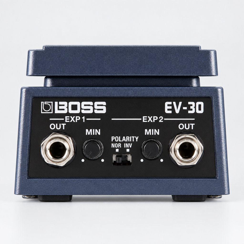 Close-up of the BOSS EV-30 polarity switch, range controls, and dual expression output jacks.
