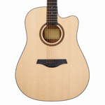 Close-up of the Rockdale Maverick D1 C sound hole, rosette, strings, and acoustic bridge