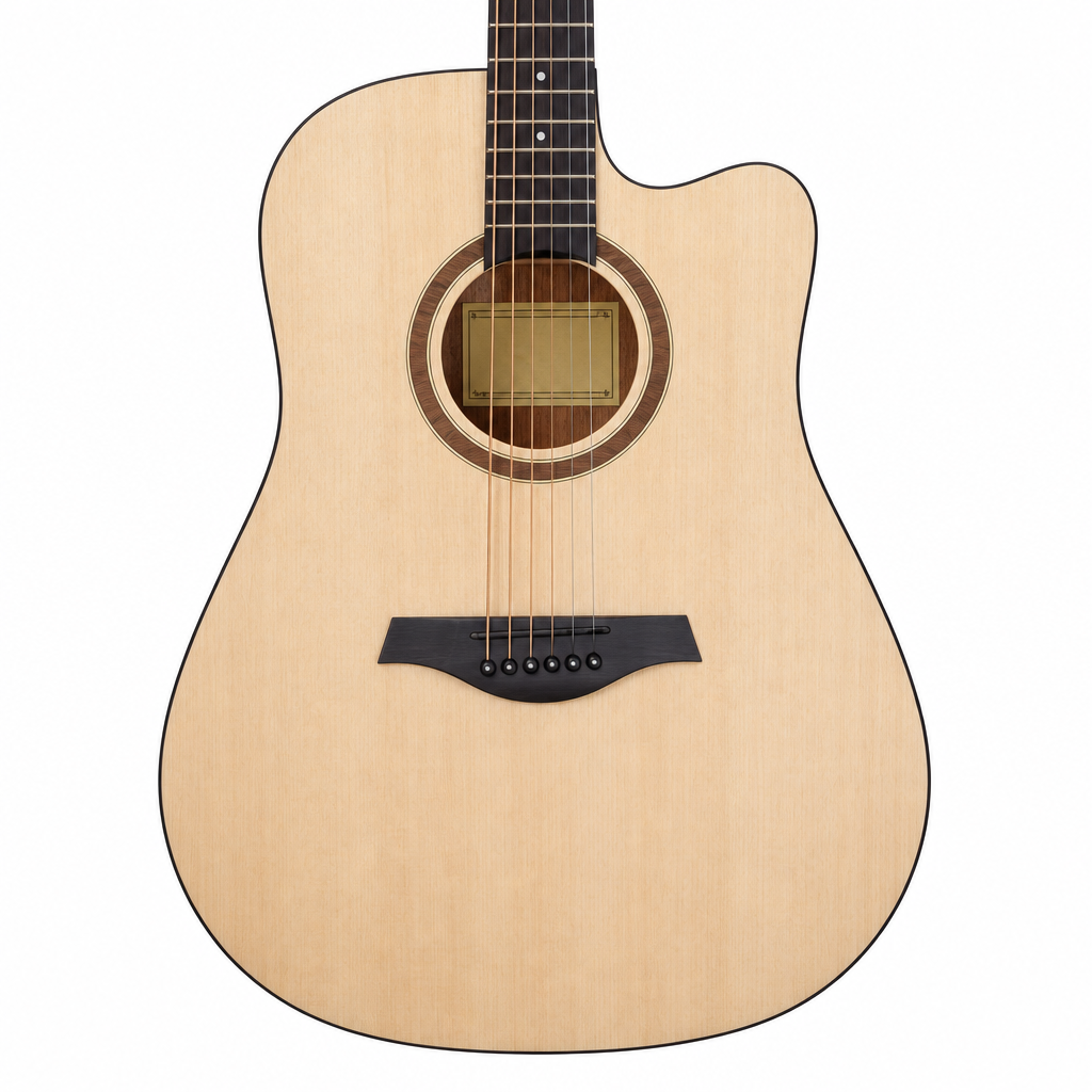 Close-up of the Rockdale Maverick D1 C sound hole, rosette, strings, and acoustic bridge