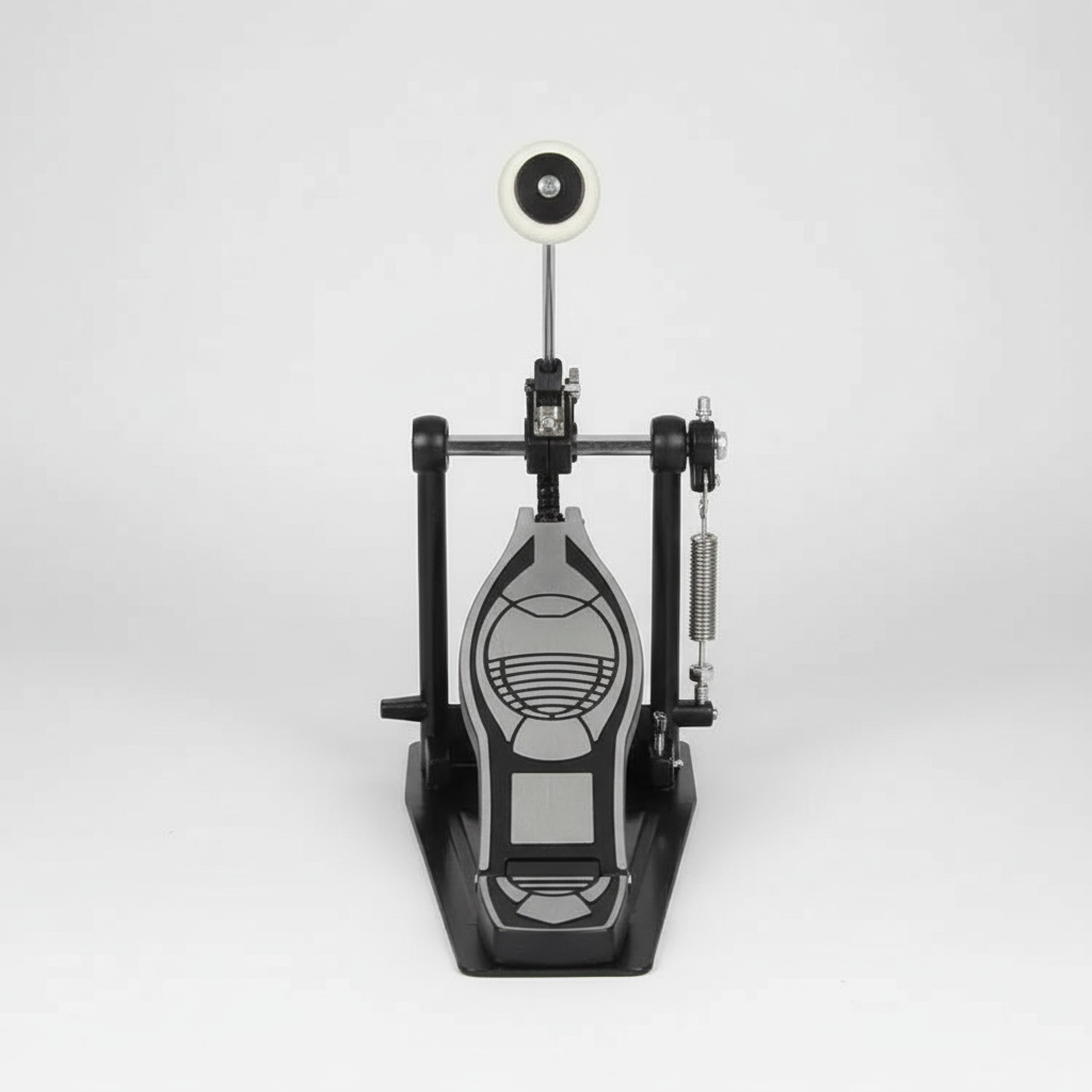 One Cymbal G610 black single drum pedal shown from the front with its pedal board, beater, spring, frame, and hardware