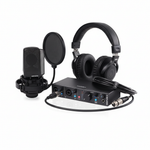 Arturia MiniFuse 2 Recording Pack shown at an angled view with the MiniFuse 2 interface, microphone, headphones, pop filter, and visible cables on a white background