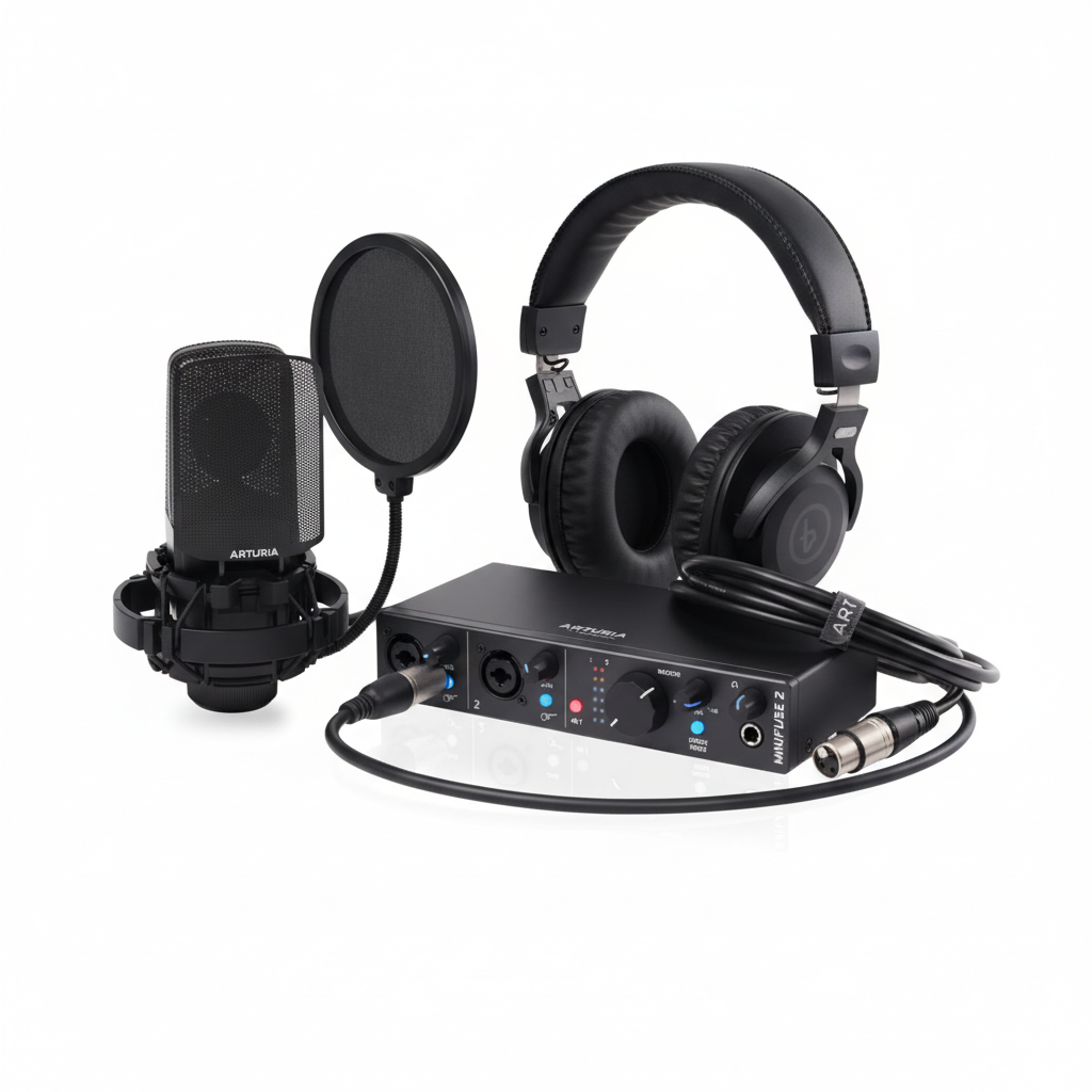 Arturia MiniFuse 2 Recording Pack shown at an angled view with the MiniFuse 2 interface, microphone, headphones, pop filter, and visible cables on a white background