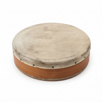 Medium skin drum shown from a top-down angle with natural skin head and wooden body on a white background