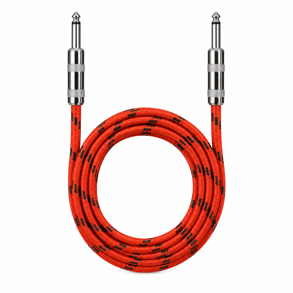Straight rear view of the Luxars LCB-6A 6-meter red patterned instrument cable showing its coiled cable jacket and matching plugs
