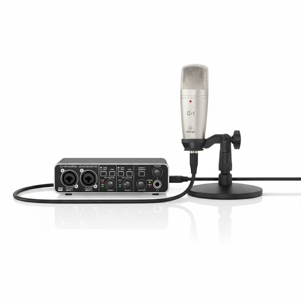 Behringer U-Phoria Studio PRO recording and podcasting bundle shown with UMC202HD interface, C-1 condenser microphone, desktop stand, and visible cable on a white background