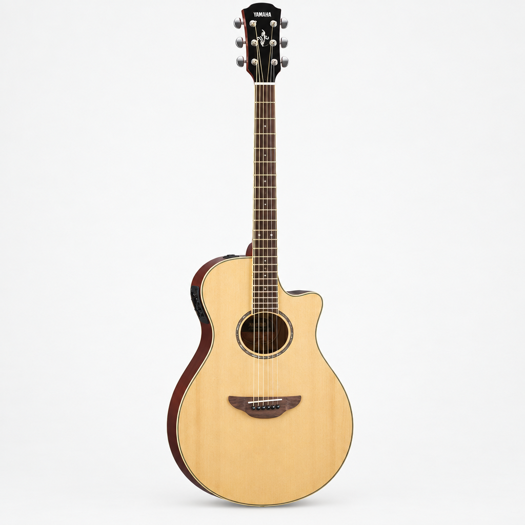 Straight-on full front view of the Yamaha APX600 acoustic guitar in Natural finish, showing its cutaway body, strings, and soundhole.
