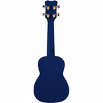 Unbranded blue 21-inch soprano ukulele shown upright from the back on a white background